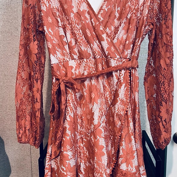 Elegant Lace Wrap Dress in Rust - Picture 1 of 3